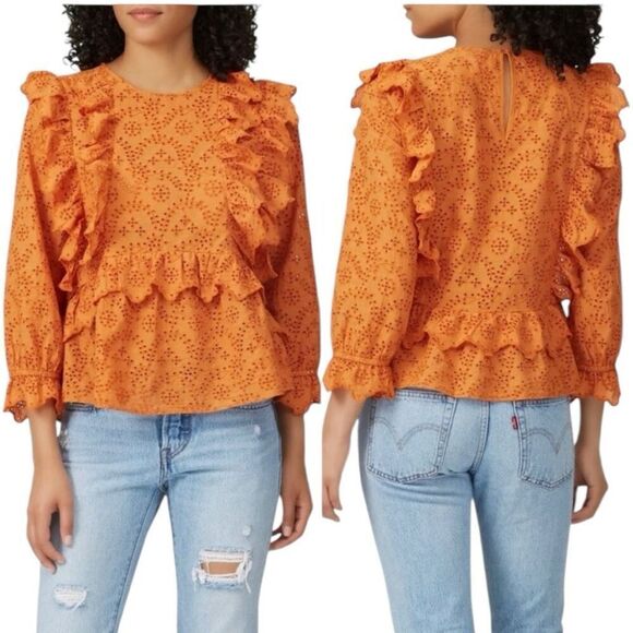 The GREAT. Eyelet Ruffle Flutter 3/4 Sleeve Top  Spice Orange Size 2 M Peasant - Picture 13 of 15